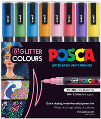 POSCA PC-3M glitter wallet of 8 in its packaging with sample artwork