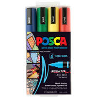 POSCA PC-5BR brush tip wallet of 4 assorted colours in packaging