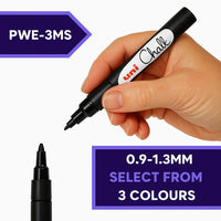 uni PWE-3MS fine liquid chalk marker held in hand, 3 colours available at PoscART