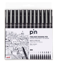 uni PIN fineliner drawing pens, black, wallet of 12 with assorted tips