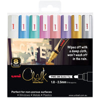uni Liquid Chalk Marker metallic bullet tip wallet of 8 in white, blue, green, pink, red, violet, gold and silver