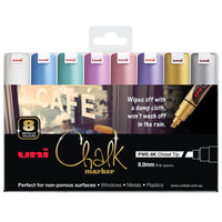 uni Liquid Chalk Marker metallic chisel tip wallet of 8 in blue, green, pink, red, violet, gold, silver and white