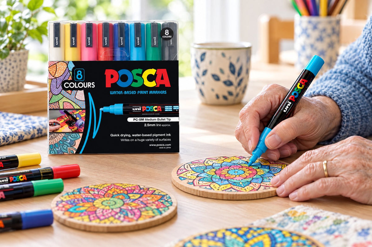 Older adults decorating a wooden mandala with POSCA markers