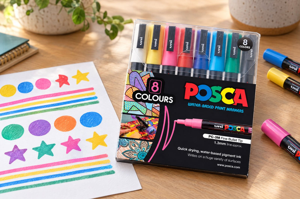 POSCA PC-3M markers with a beginner doodle page