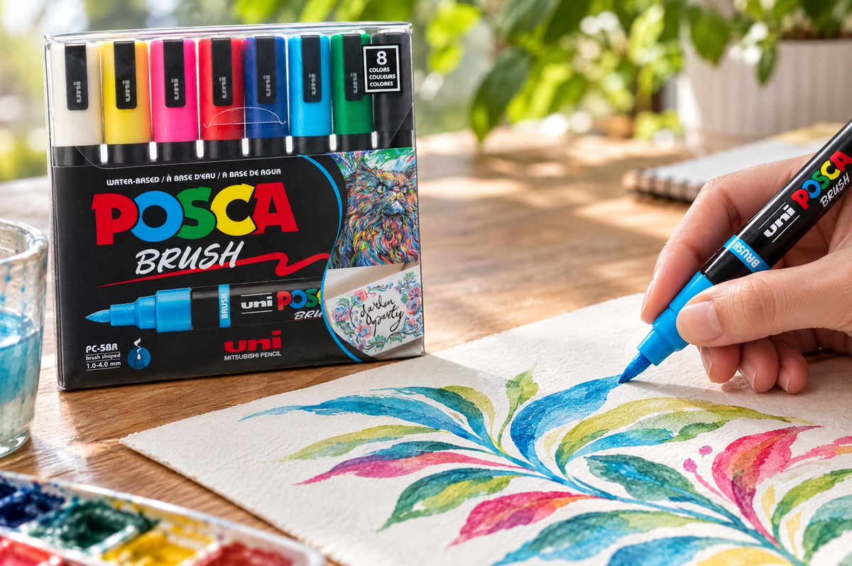 POSCA PC-5BR brush tip markers painting a leaf illustration