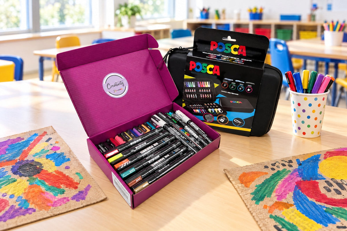 POSCA small storage case kit with 24 markers on a classroom art station table