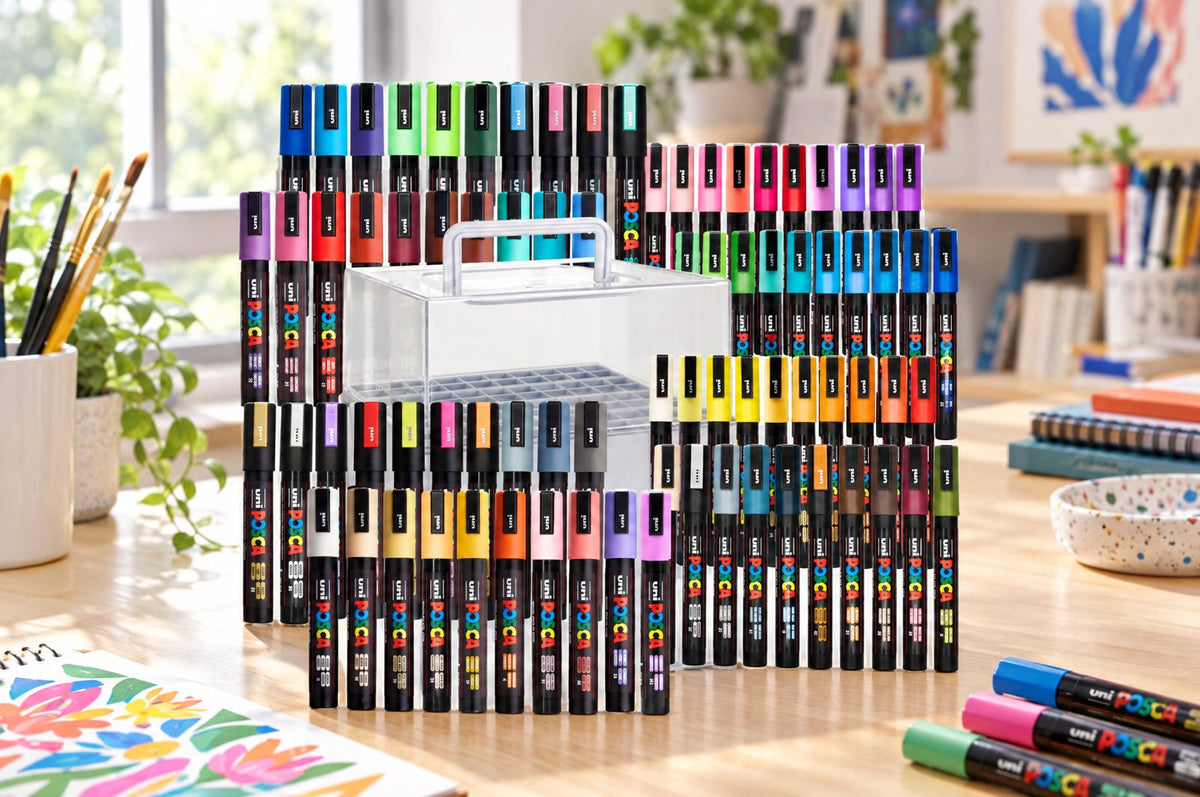 POSCA expandable storage caddy with 80 markers on an art desk
