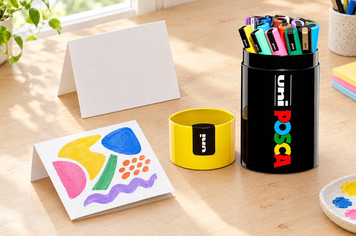 POSCA PC-5M gift tin of 20 markers beside hand-lettered greeting cards on a craft desk