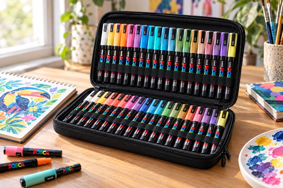 POSCA large storage case with 60 markers on an art desk