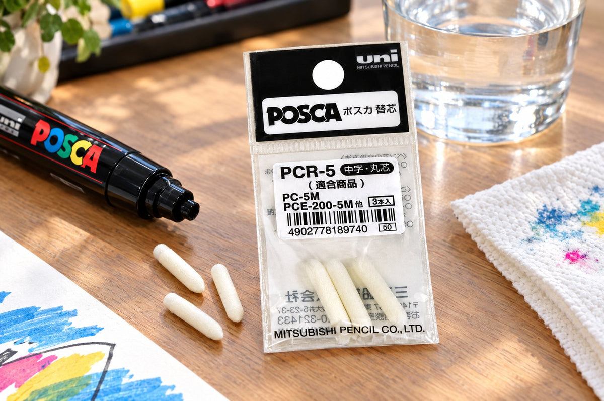 POSCA PC-5M marker with replacement nibs on an art desk
