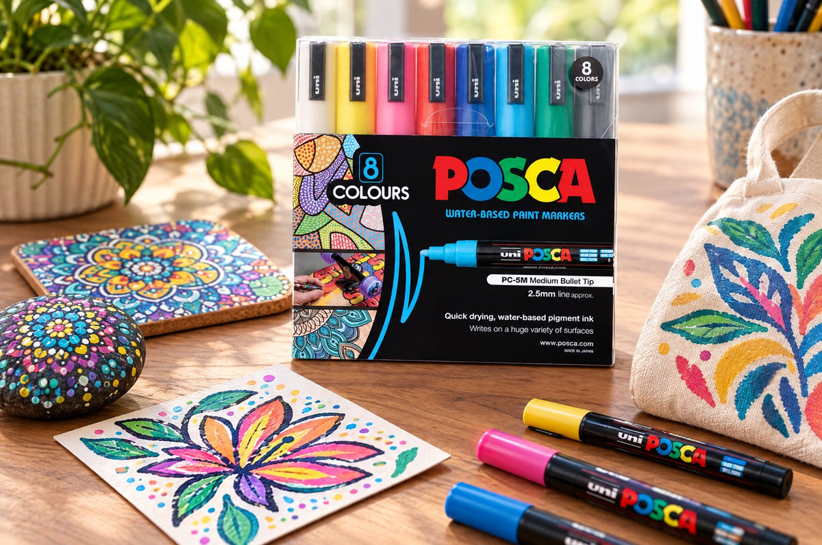 POSCA PC-5M markers with several decorated craft items