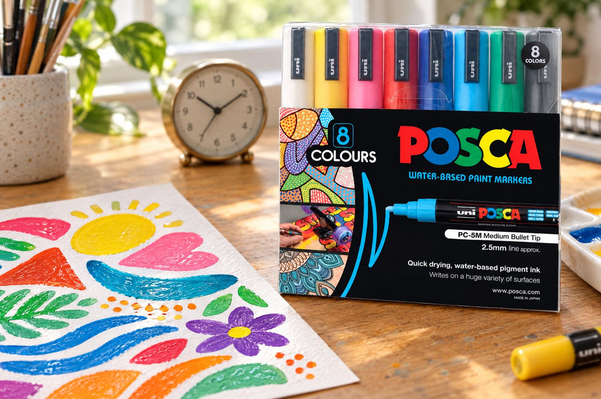 Freshly applied POSCA paint drying on card