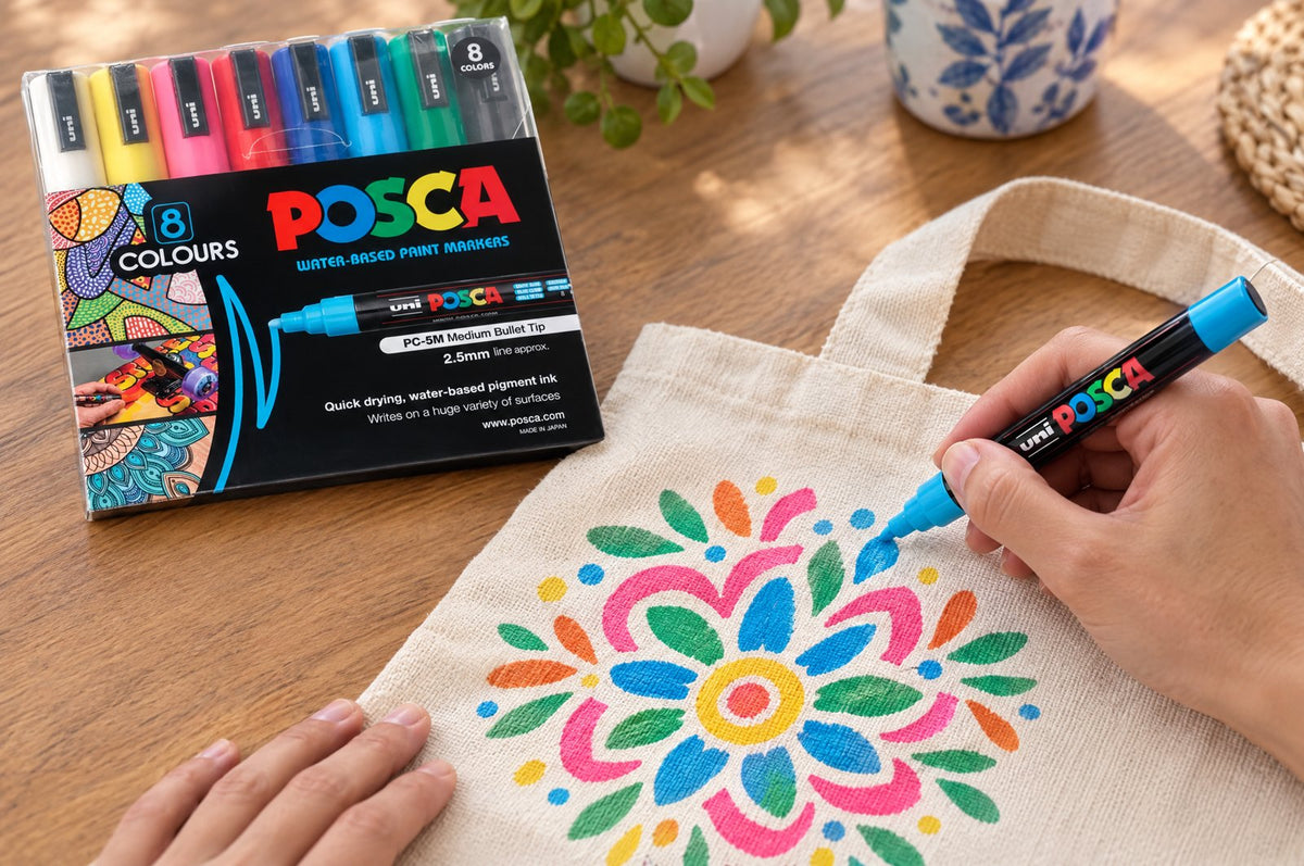 POSCA PC-5M markers decorating a canvas tote bag