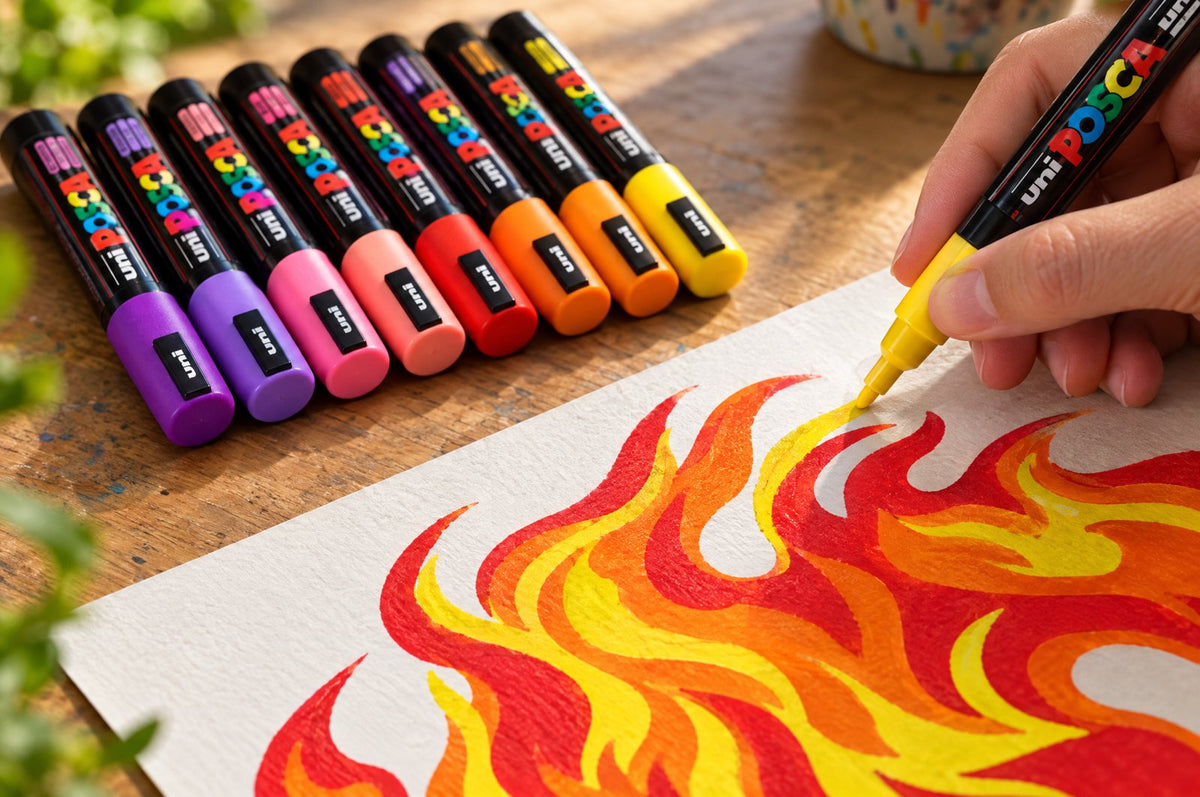 POSCA PC-3M fire tones markers on a flame illustration