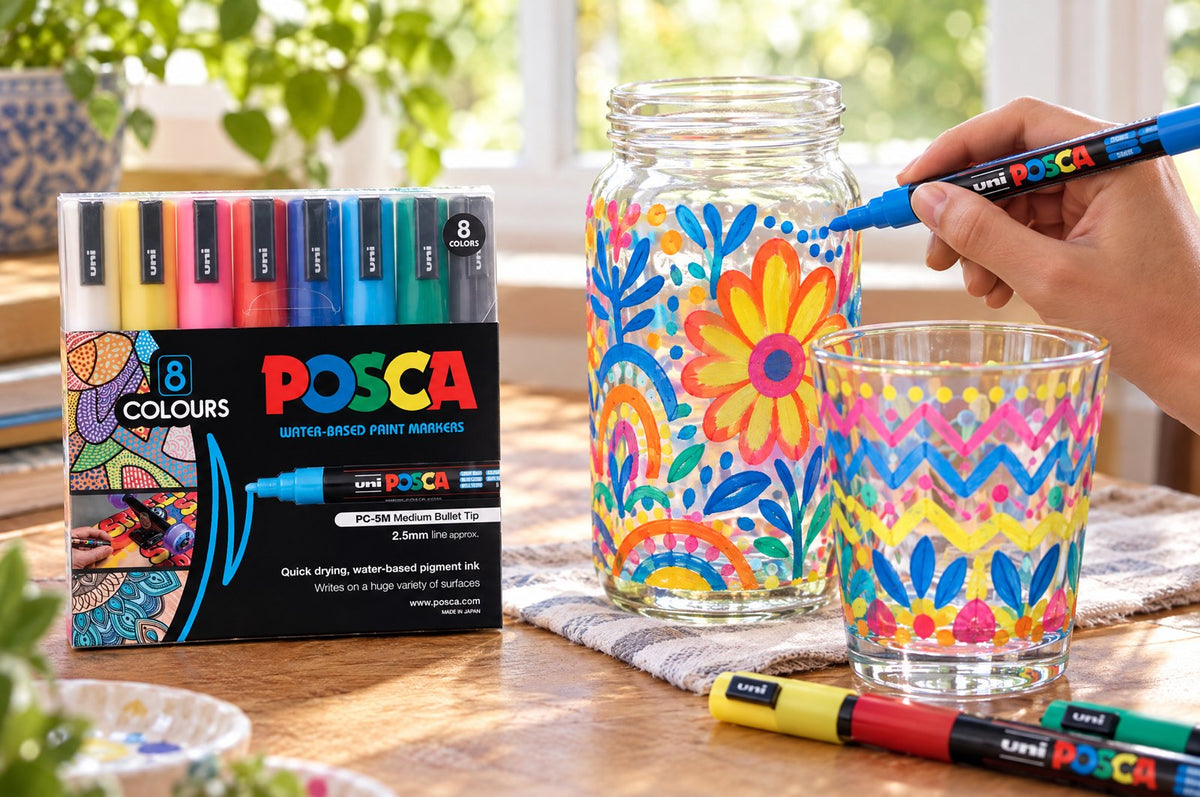 POSCA PC-5M markers decorating glassware