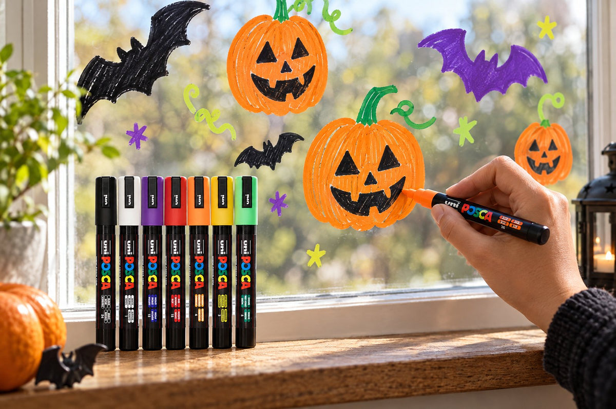 POSCA Halloween colour markers decorating a window