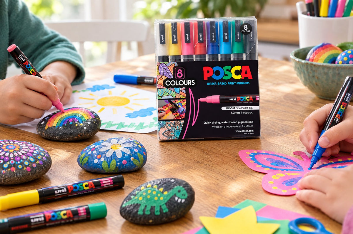 Children decorating rocks and crafts with POSCA PC-3M markers