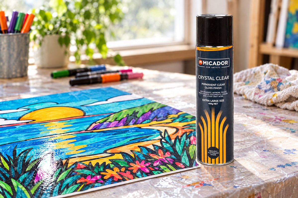 Micador clear gloss spray with a finished POSCA artwork