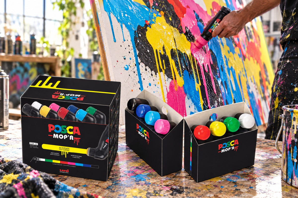 POSCA MOP'R ultra-wide markers making bold drips on a large board