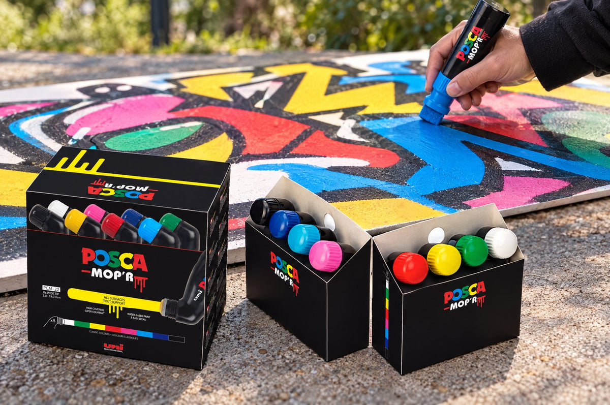 POSCA MOP'R ultra-wide markers making bold drips on a large board