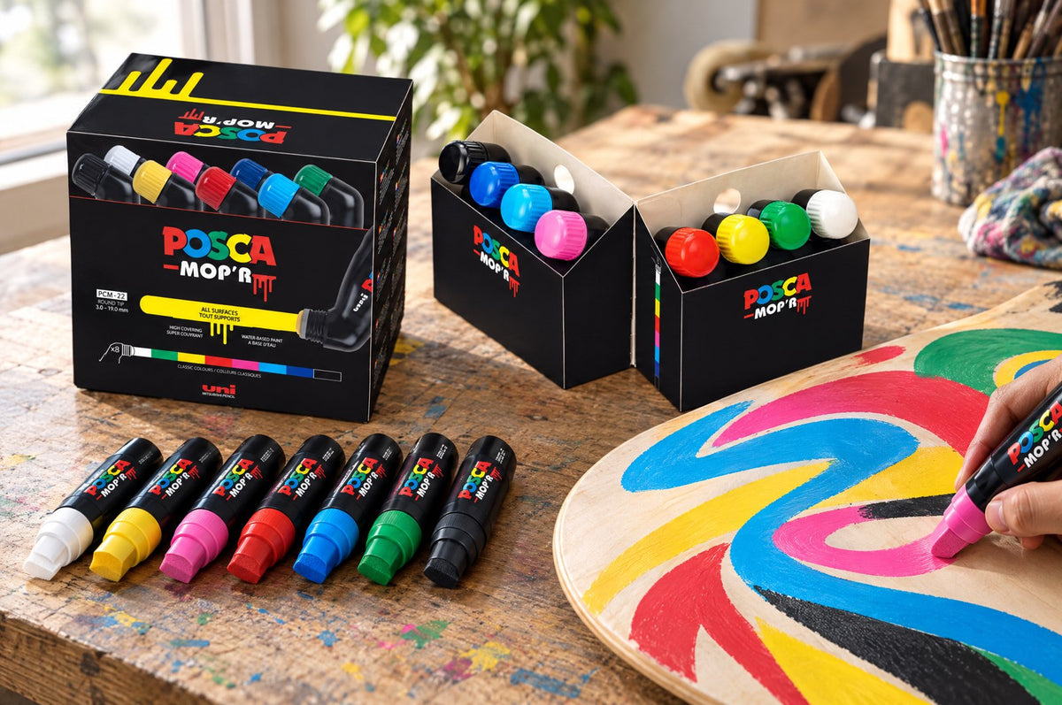 POSCA MOP'R ultra-wide markers making bold drips on a large board