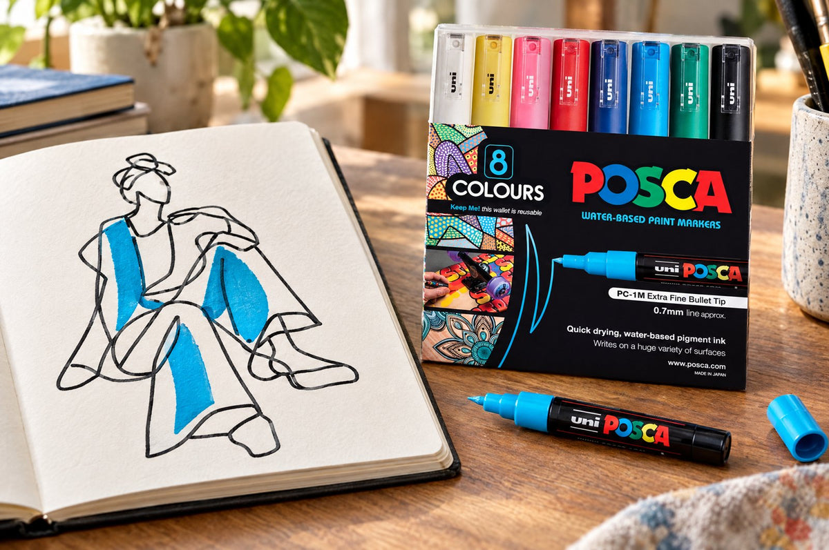 POSCA PC-1M paint markers beside a sketchbook with a line drawing