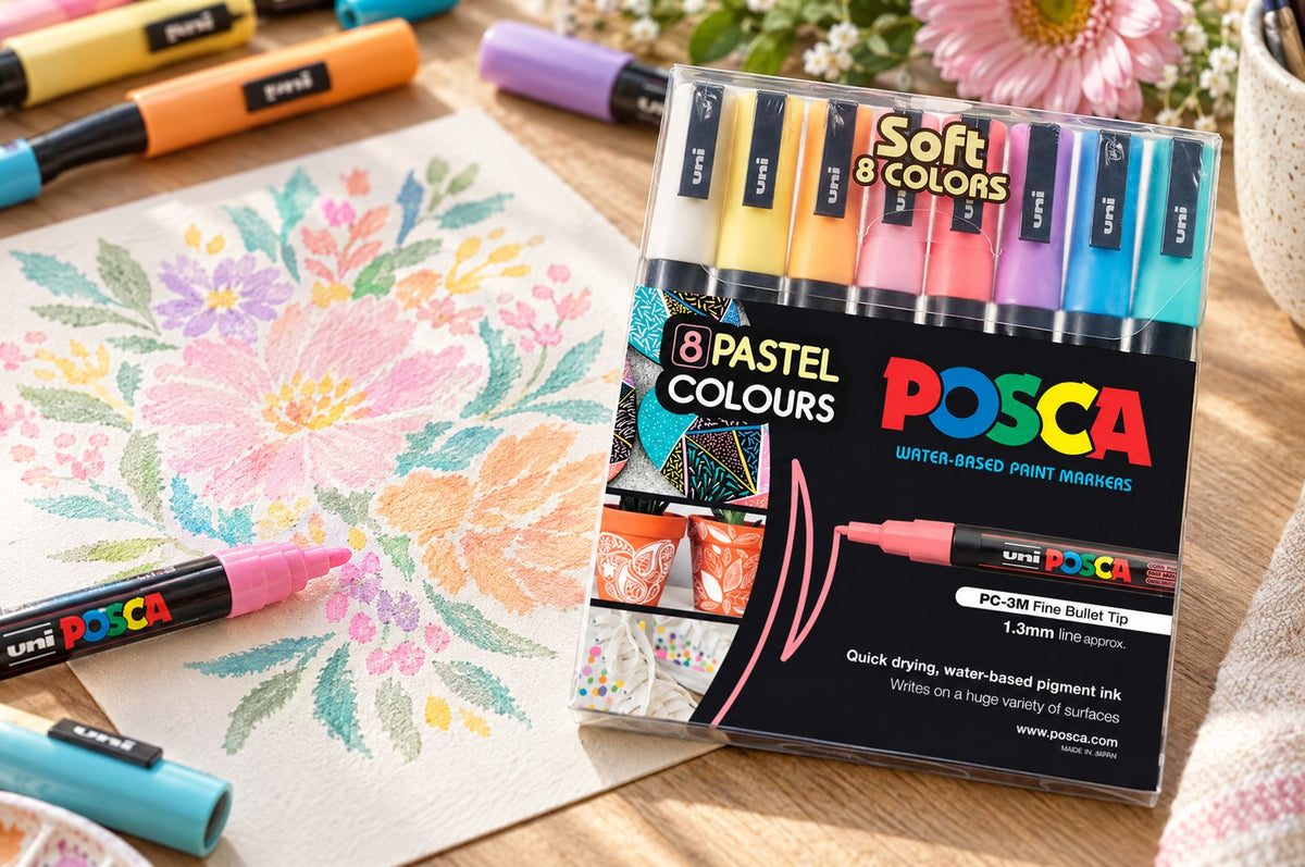 POSCA PC-3M pastel markers on a floral illustration