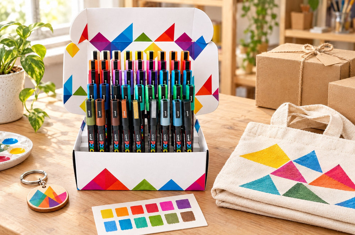 POSCA PC-3M bundle of 45 markers on a craft seller workbench with painted keyring, tote and swatch card