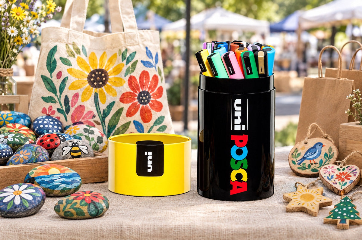 POSCA PC-5M gift tin of 20 markers on a market stall table with hand-painted rocks, tote bag and ornaments