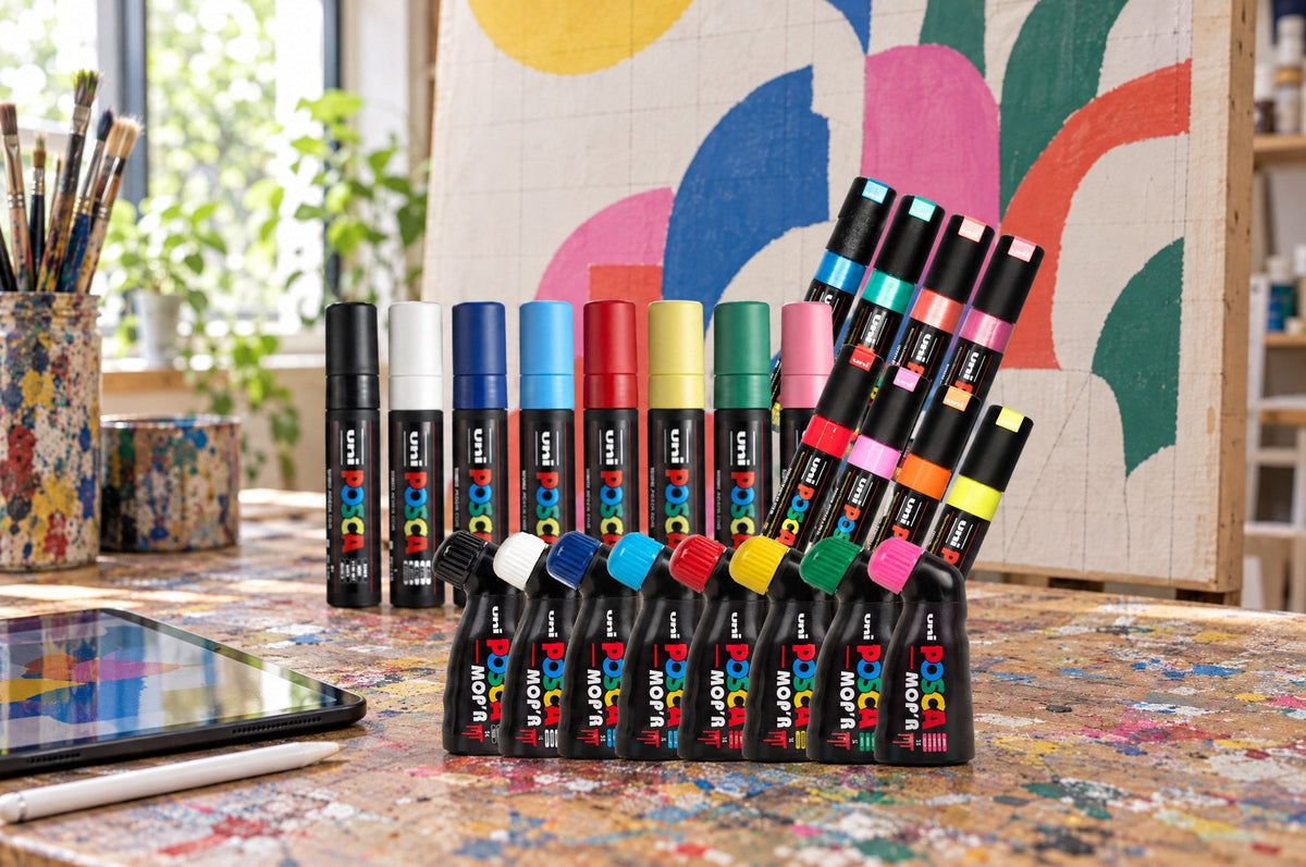 POSCA Big Job Coverage Set with PC-17K and MOP'R markers on a studio workbench beside a gridded mural panel