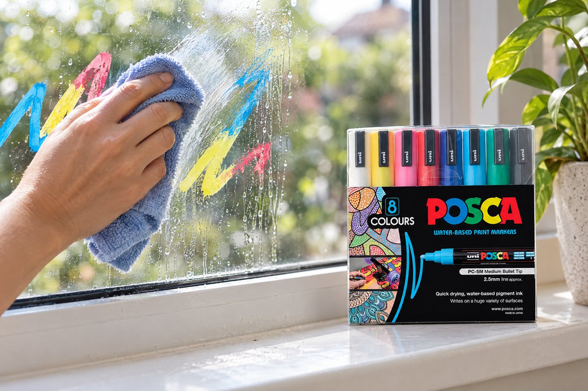 Wiping POSCA paint off glass with a damp cloth