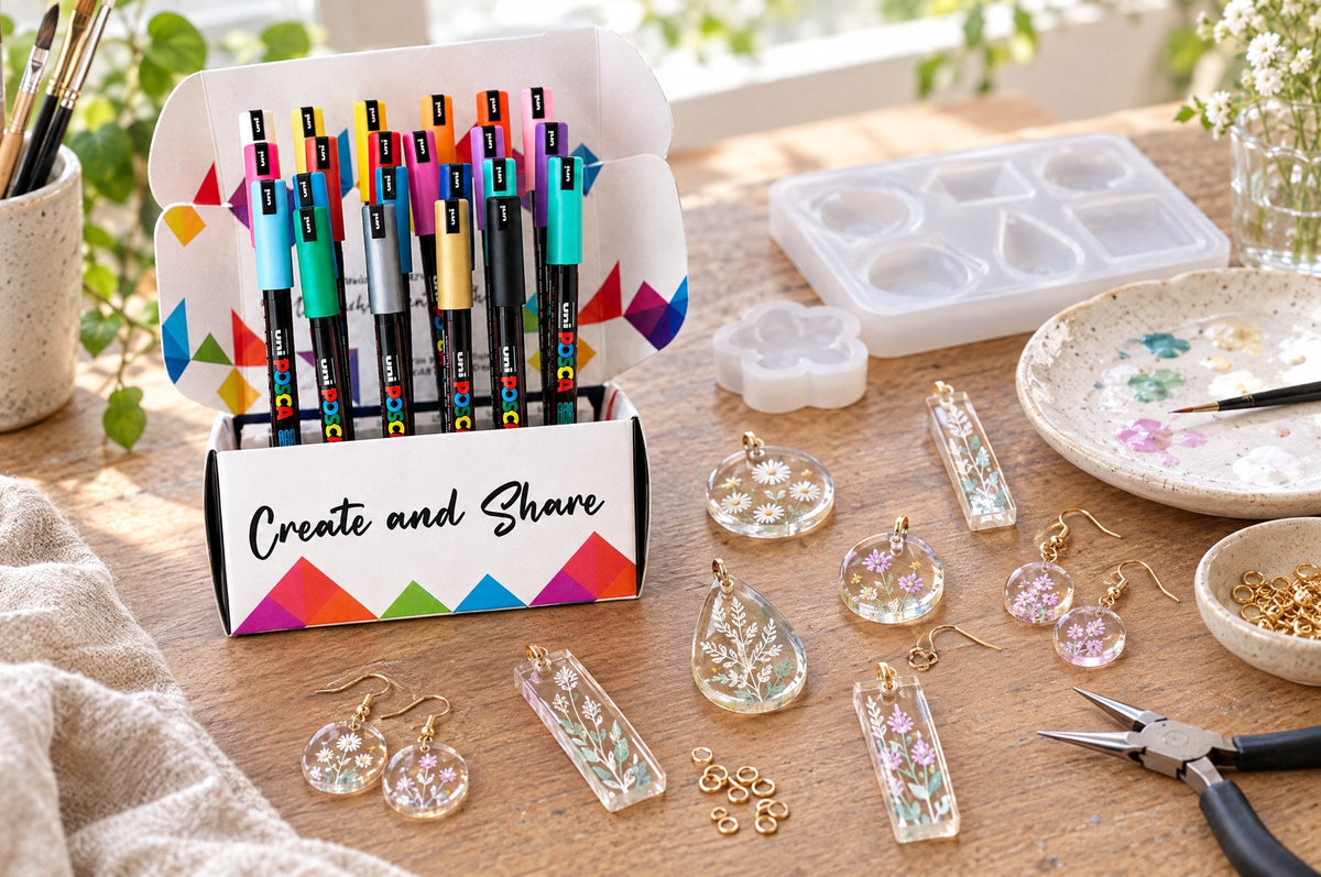 POSCA PC-1MR ultra-fine paint markers with resin pendants and earrings painted with fine botanical details