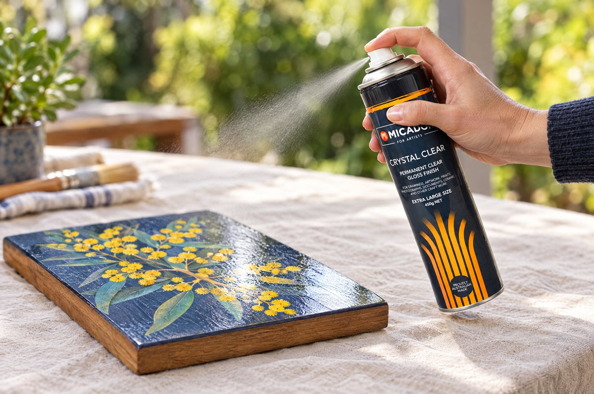 Micador clear gloss spray beside a finished POSCA artwork