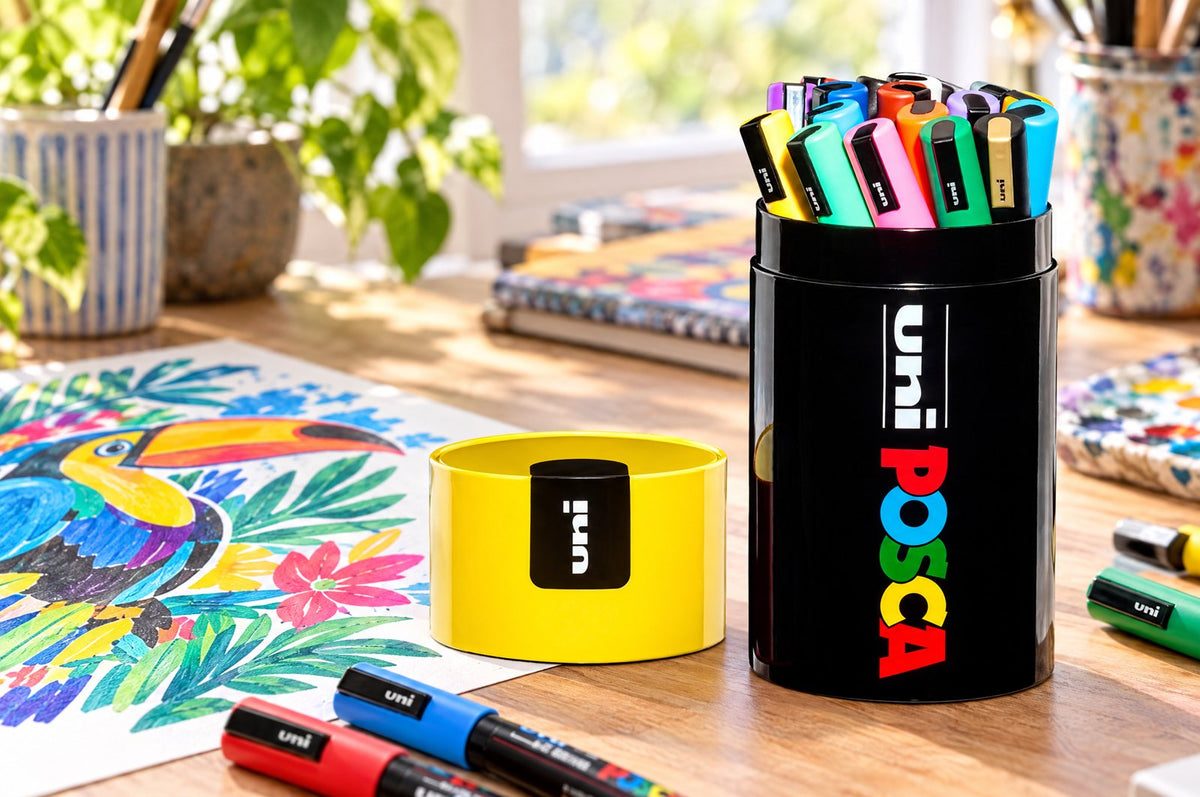 POSCA PC-5M gift tin set on an artist desk