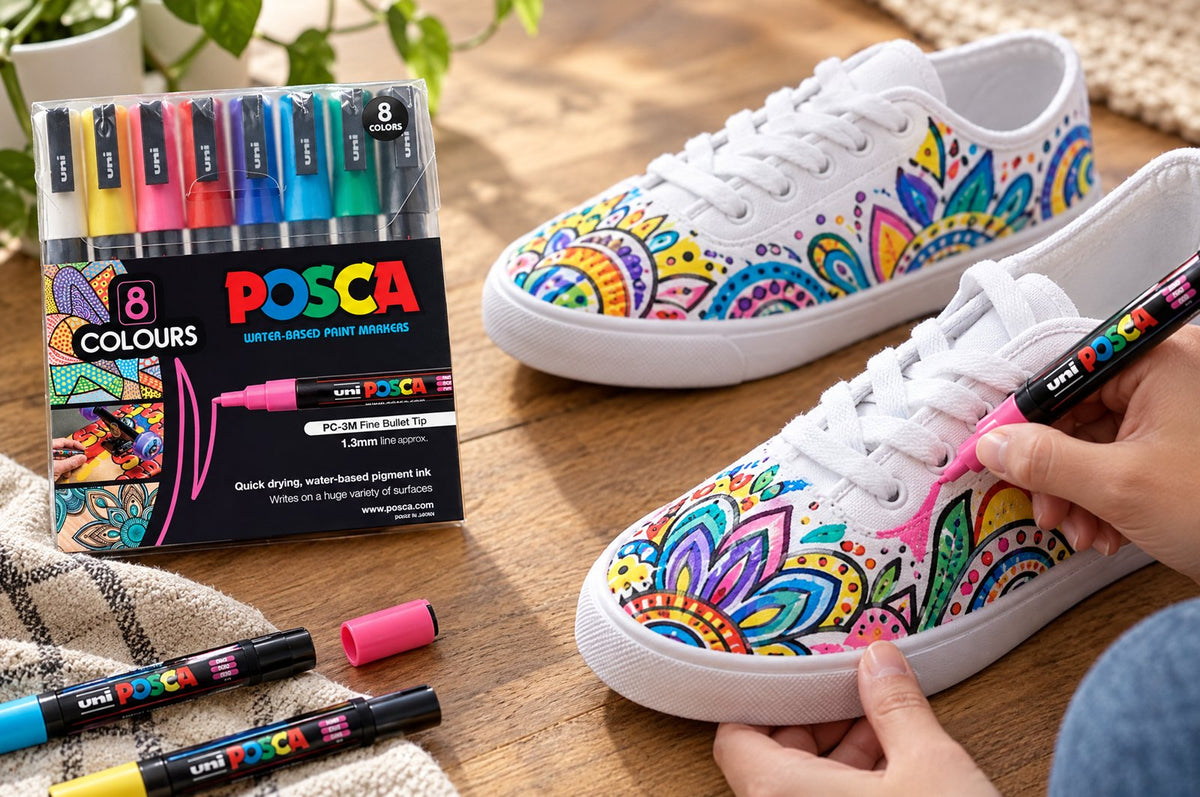 POSCA PC-3M markers customising plain white canvas sneakers