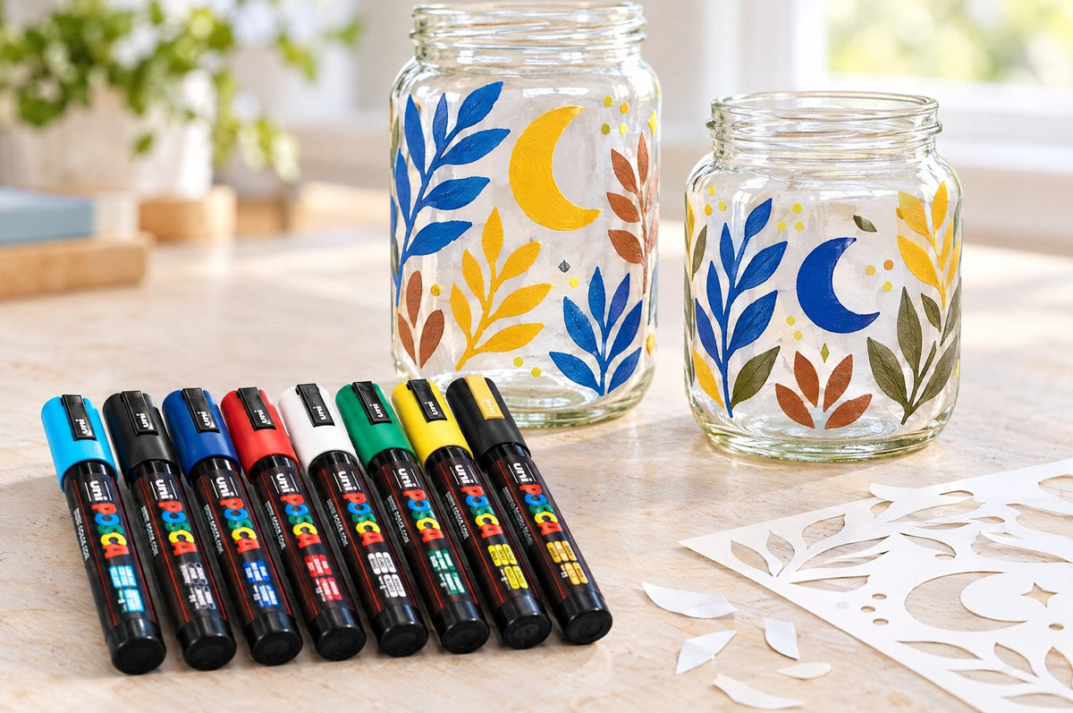 POSCA PC-5M Aussie Spirit wallet beside glass jars painted through vinyl stencils