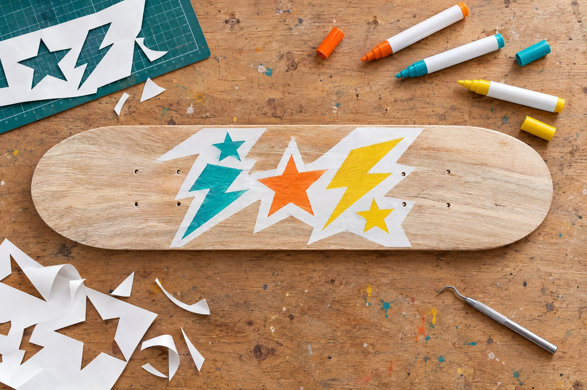 Plywood skateboard deck with a stencil filled in orange, teal and yellow paint marker stars and lightning bolts