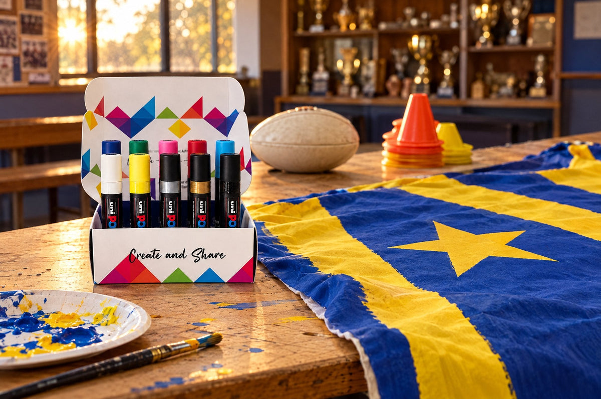 POSCA PC-17K extra-wide paint markers next to a hand-painted blue and yellow sports club banner