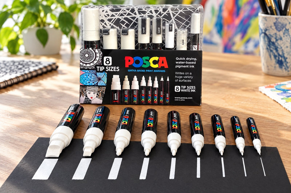 POSCA markers in every tip size with test strokes