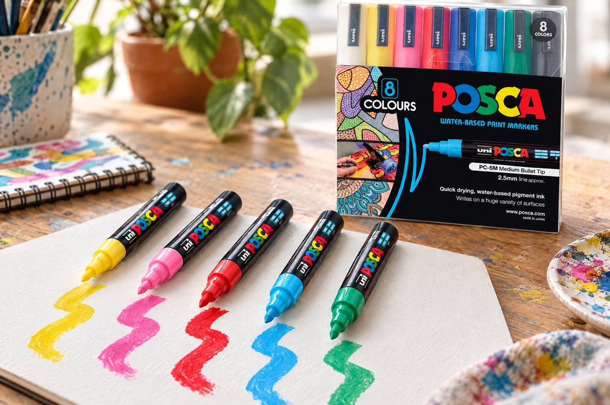 Five POSCA markers with test strokes