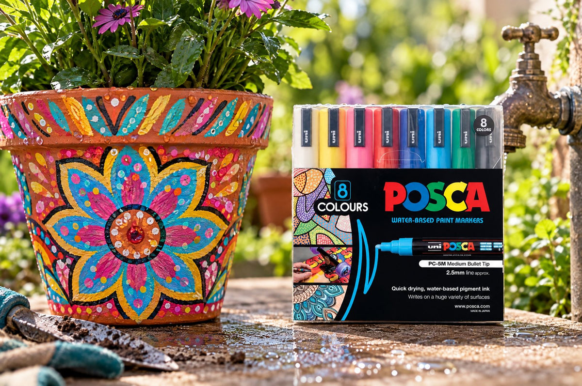 POSCA PC-5M paint on an outdoor plant pot with water droplets