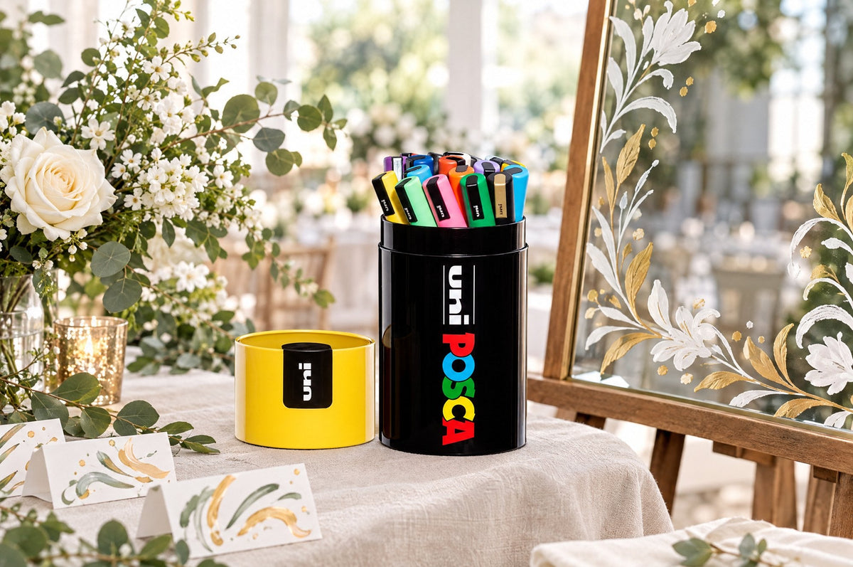 POSCA PC-5M paint marker tin of 20 beside a hand-painted wedding welcome mirror and place cards