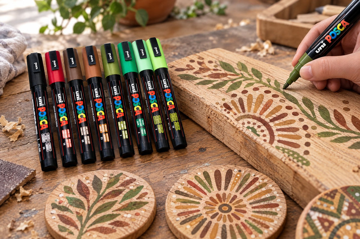 POSCA PC-3M markers decorating wooden coasters