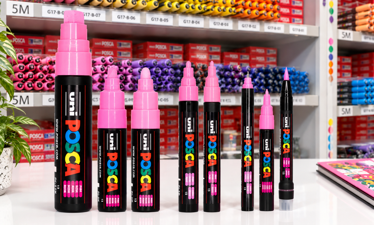 Full POSCA marker range in pink showing multiple nib sizes with PoscART marker shelves in the background