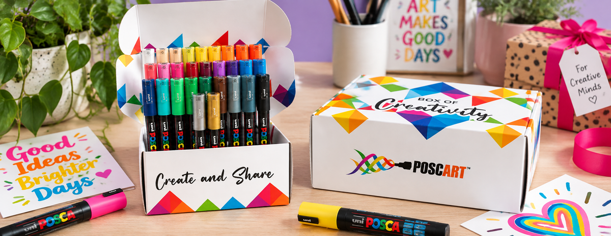 Posca gift sets by PoscART with colourful paint markers, creative artwork and gift packaging