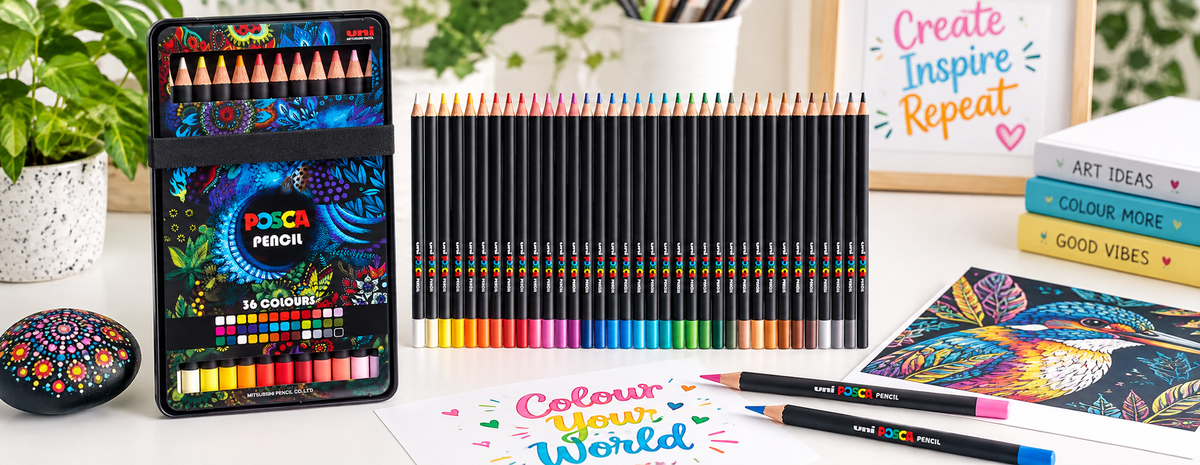 POSCA pencils in 36 vibrant colours with pencil tin, colourful artwork and creative studio accessories