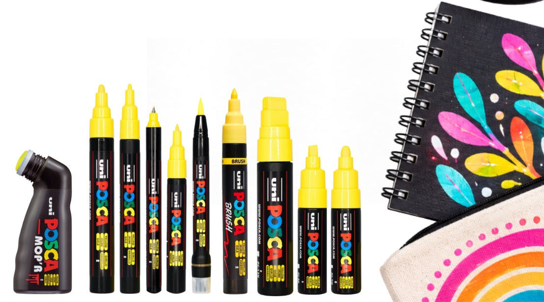Individual POSCA paint pens in a range of tip sizes with colourful artwork and creative surfaces