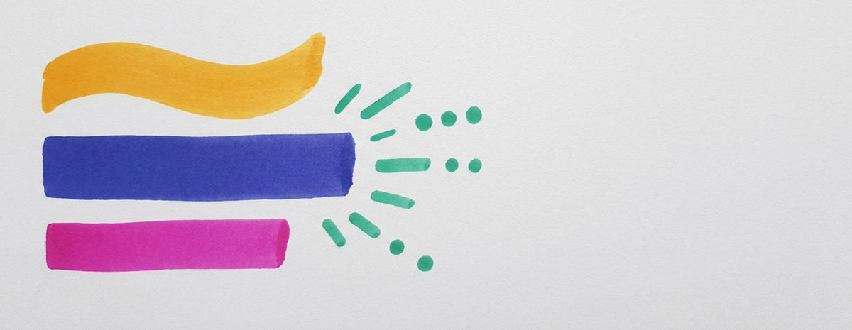 POSCA PCF-350 · Brush tip collection banner - abstract POSCA paint marker strokes on white paper