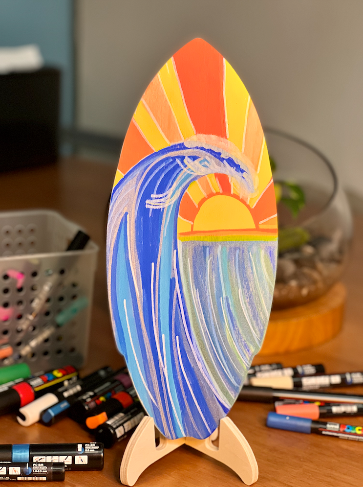 Blank plywood surfboard with stand 36cm, painted sunrise and ocean design example
