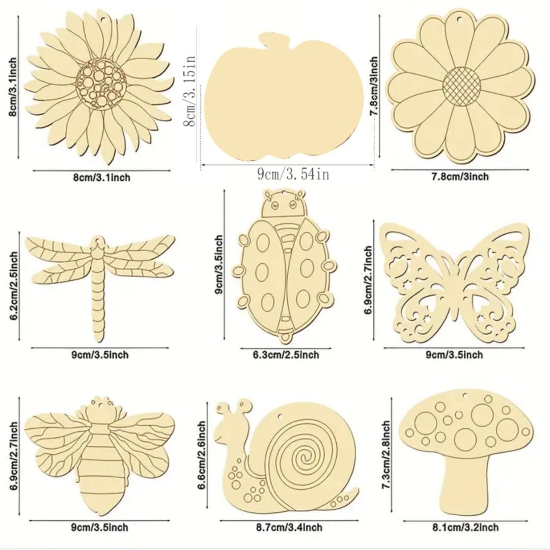 DIY wooden garden craft decorations set of 4, shapes laid out for painting
